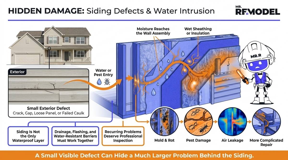 Cutaway home exterior showing how a small siding crack can allow water, pests, and air to reach sheathing, insulation, and framing.